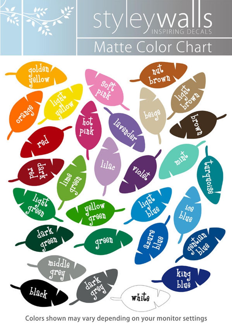May include: Color chart with 28 different colors, each represented by a stylized feather shape. The colors include golden yellow, orange, red, hot pink, soft pink, lavender, lilac, violet, lime green, yellow green, green, dark green, light green, dark grey, middle grey, black, white, nut brown, beige, light brown, brown, mint, turquoise, ice blue, light blue, azure blue, and gentian blue.