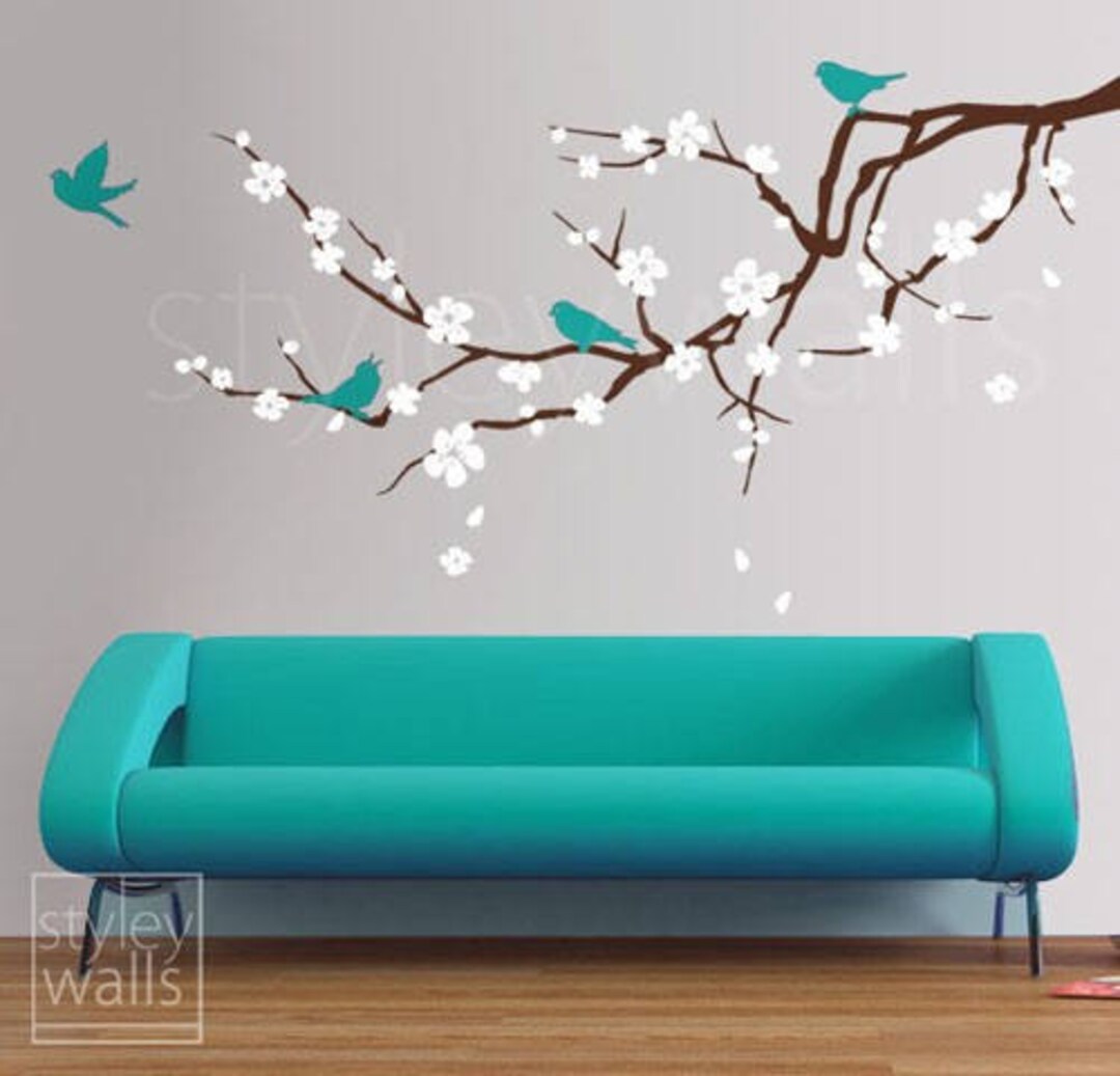 Cherry Blossom Branch Wall Decal, Blossoming Cherry Tree Branch Birds