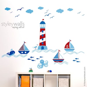 Nautische muur sticker, zeilboot muur sticker, matroos boot muur sticker, nautische kwekerij muur sticker, zeilboot kamer decor, lichttoren muur sticker