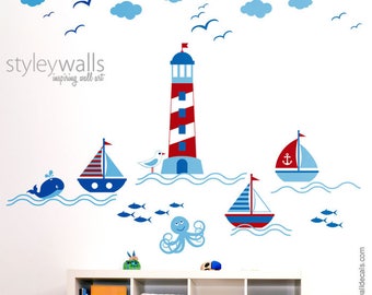 Nautical Wall Decal, Sailboat Wall Decal, Sailor Boat Wall Sticker, Nautical Nursery Wall Decal, Sailboat Room Decor, Light Tower Wall Decal