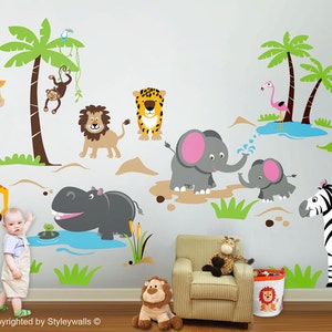 Safari Jungle Animals HUGE Wall Decal Set Monkey Giraffe Elephant Lion Zebra Tiger Crocodile Hippo Nursery Kids Playroom Room Sticker Art image 1