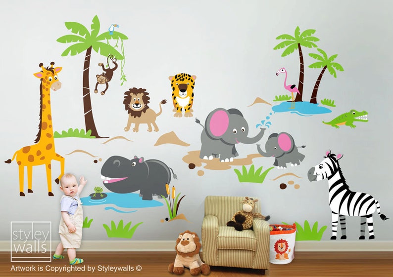 Safari Jungle Animals HUGE Wall Decal Set Monkey Giraffe Elephant Lion Zebra Tiger Crocodile Hippo Nursery Kids Playroom Room Sticker Art image 1