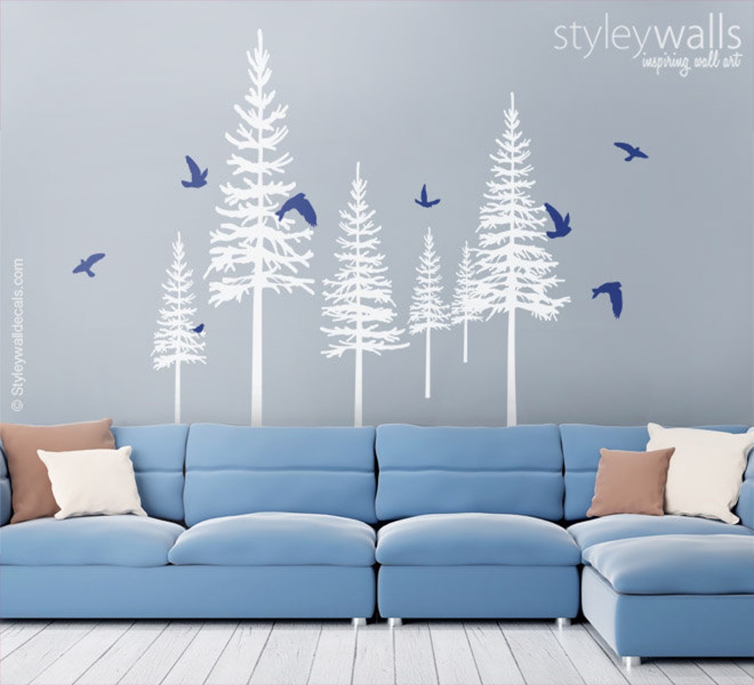 Pine Trees Winter Trees Wall Decal, Pine Trees and Birds Wall Decal for ...
