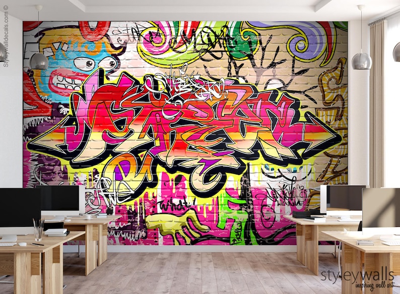 Graffiti Mural, Abstract Mural, Graffiti Wall Art, Graffiti Wallpaper Mural, Teenage Room Decor, Repositionable Removable Fabric image 2