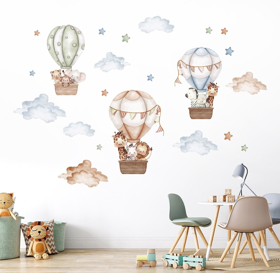 Watercolor Air Balloons and Animals Wall Decal, Hot Air Balloons Jungle ...