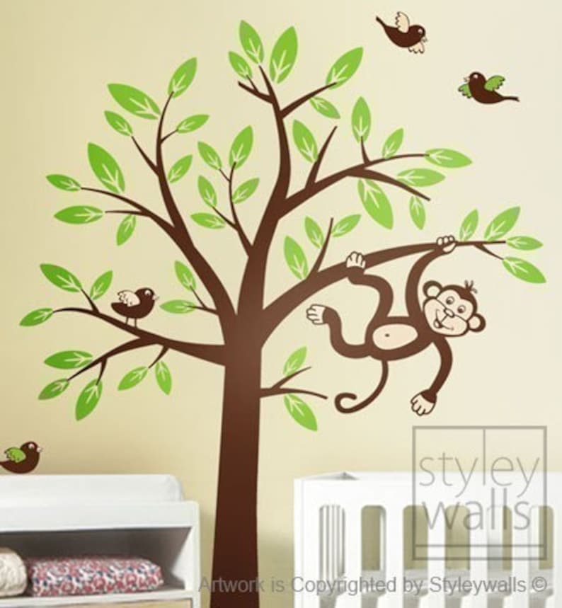 Monkey Tree Wall Decal 2 Monkeys Swinging From Branch and Etsy