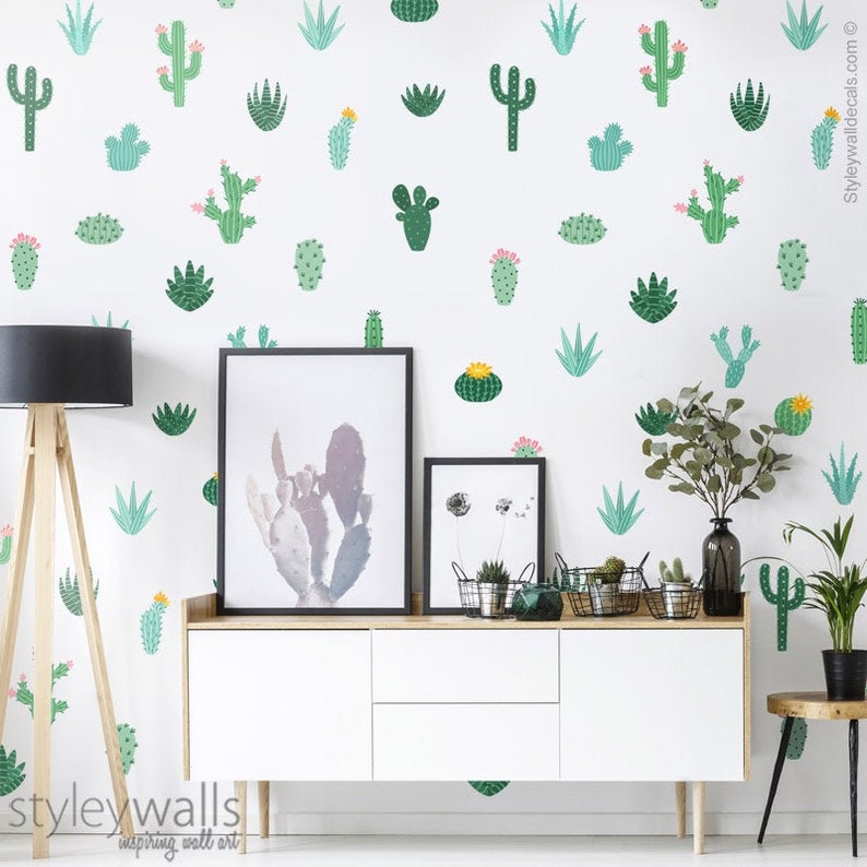 Green Cactus Wall Decal Cacti Wall Decor Colorful Cactus Etsy