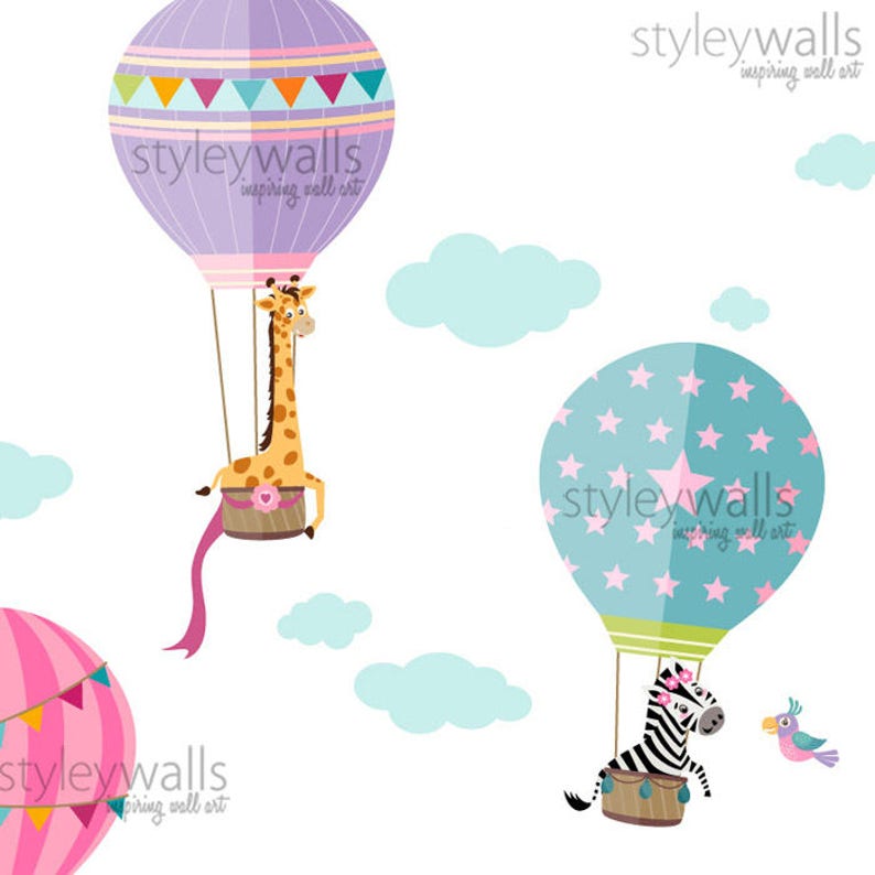 Air Balloons Wall Decal, Jungle Animals Wall Decal Sticker, Hot Air Balloons WallDecal Decor, Air Balloons Girls Nursery Room Decor Wall Art image 4