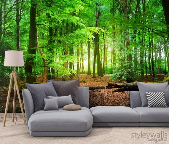 Wall Mural photo wallpaper Sunny Green Forest Scene approx 315 x 232cm Trees 