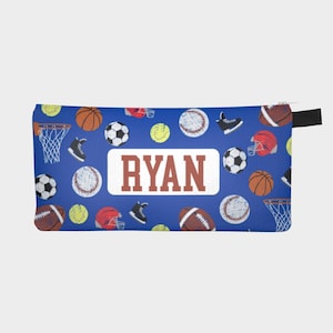 Personalized Sports Pencil Case, Athletic Boy&#39;s Pencil Case, Blue Monogram Child&#39;s Pencil Pouch, Back to School Gift,  Name pencil Case