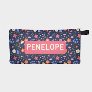 Personalized Navy Blue Floral Pencil Case, Back to School motivational pencil case, Inspirational Kids Art Case, customizable zippered pouch