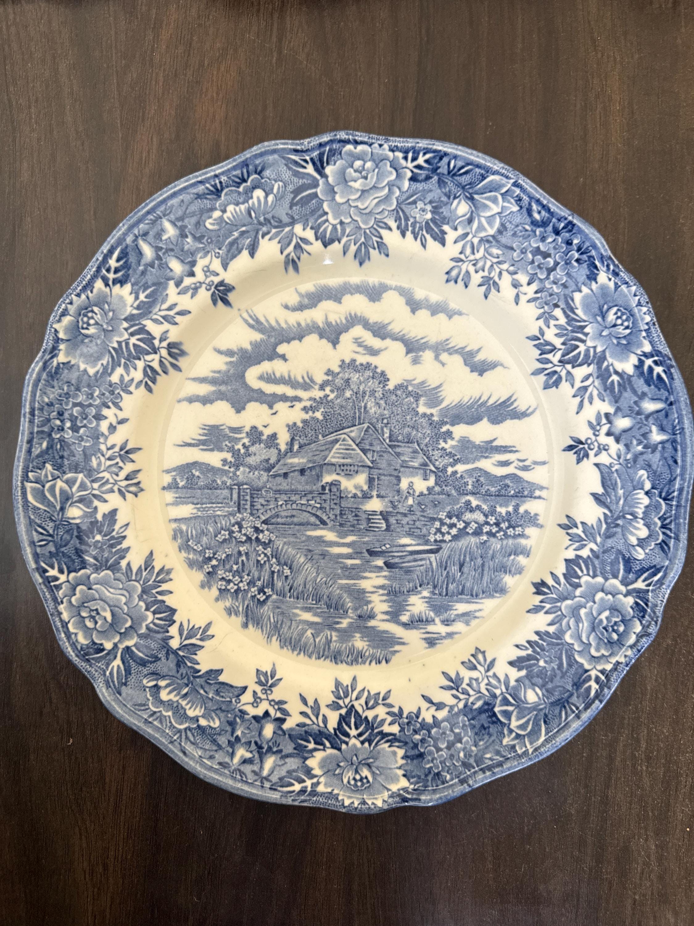 Blue and white English Village 10 inch  dinner plate