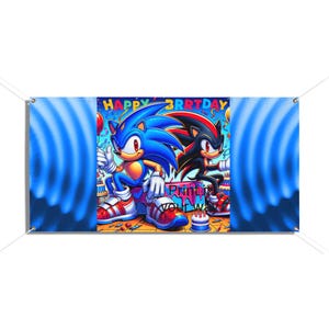 Baner winylowy z motywem Sonic - dekoracja urodzinowa, dekoracja na przyjęcie dla dzieci, urodziny z motywem gier wideo, dekoracja ścienna, świętowanie na świeżym powietrzu