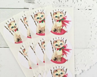 Siamese Christmas Kitty Retro Stickers - Scrapbooking, Packaging, Junk Journal, Vintage Style, Envelope Seals, Ephemera - Holiday Cat