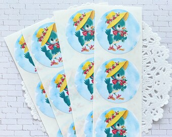 Birdie Bouquet Retro Stickers - Vintage Style Envelope Seals, Gift Packaging, Art or Junk Journal Ephemera - Spring Blue Bird, Happy Mail