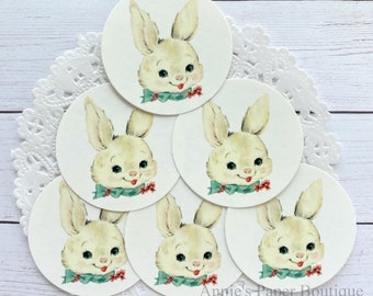 Hello Bunny Round Retro Tags - Vintage Inspired Gift Tag, Package - Art or Junk Journal Ephemera, Scrapbooking - Easter, Spring, Rabbit