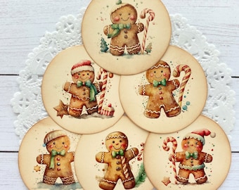 Round Gingerbread Tag Bundle - Retro, Vintage Inspired - Favor, Parcel, Gift, Package - Planner, Junk Journal, Ephemera - Holiday, Christmas