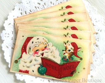 Santa & Reindeer Caroling Vintage Inspired Tags - Retro Christmas - Favor, Parcel, Gift, Package, Treat - Ephemera, Junk Journal