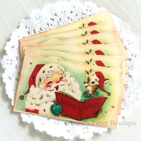 Santa & Reindeer Caroling Vintage Inspired Tags - Retro Christmas - Favor, Parcel, Gift, Package, Treat - Ephemera, Junk Journal