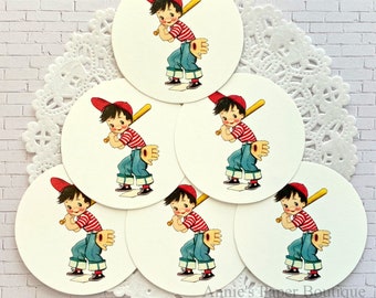 Little Baseball Player Round Retro Tags -  Vintage Inspired - Gift or Favor Tag, Art or Junk Journal Ephemera - Children's Birthday, Boy