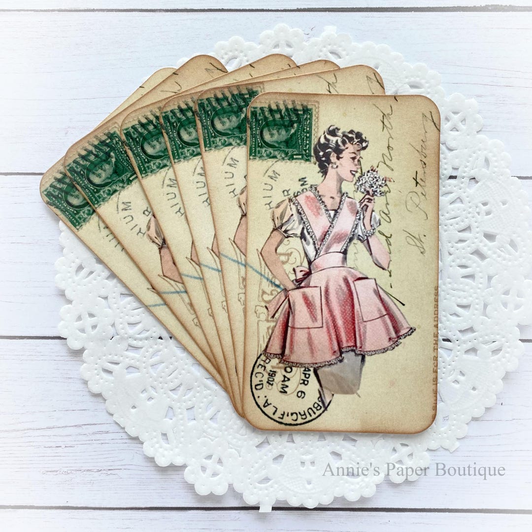 Postcard Ruffle Edges Pink Ruffle Apron Mini Postcard Vintage Inspired Tags - Junk Journal ...