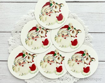 Round Santa and Rudolph Retro Tags - Vintage Inspired Gift Tags - Favor, Parcel - Planner, Art or Junk Journal - Holiday Ephemera, Christmas