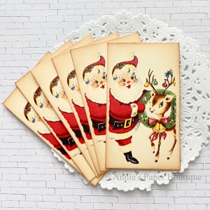 Santa & Reindeer Wreath Vintage Inspired Tags - Retro Christmas - Favor, Parcel, Gift, Package, Treat - Ephemera, Art Junk Journal - Holiday