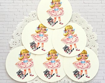 Little Party Dress round Retro Tags - Vintage Inspired - Favor, Gift Tag, Art or Junk Journal Ephemera - Children Birthday, Girl, Cat