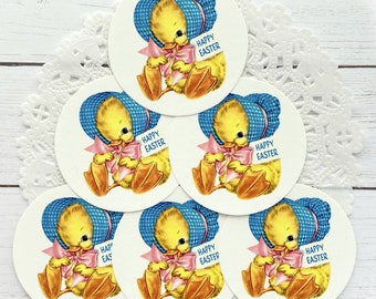 Happy Easter Ducky Round Retro Tags - Vintage Inspired - Favor, Gift Tag, Package - Art or Junk Journal Ephemera, Planner, Scrapbooking