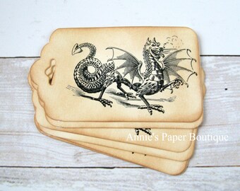 Dragon Vintage Inspired Tags - Retro Hang Tags - Favor, Parcel, Gift, Package, Treat, Shower - Planner, Junk Journal - Halloween Ephemera