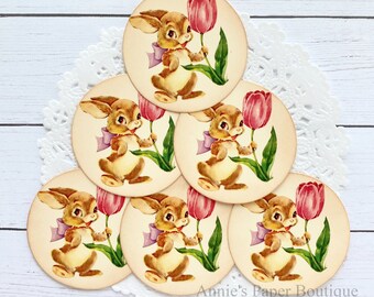 Round Bunny Tulips Tags - Retro, Vintage Inspired - Favor, Gift, Treat - Art or Junk Journal - Paper Goods, Easter Rabbit Spring Ephemera,