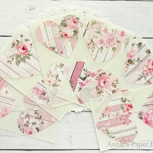 Pink Floral Plank Stickers Scrapbooking, Packaging, Art or Junk Journal, Vintage Style, Envelope Seals, Ephemera, Hearts, Shabby Chic image 1