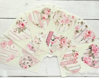 Pink Floral Plank Stickers - Scrapbooking, Packaging, Art or Junk Journal, Vintage Style, Envelope Seals, Ephemera, Hearts, Shabby Chic
