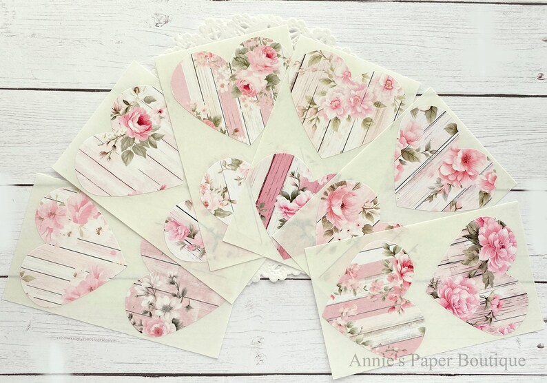 Pink Floral Plank Stickers Scrapbooking, Packaging, Art or Junk Journal, Vintage Style, Envelope Seals, Ephemera, Hearts, Shabby Chic image 1