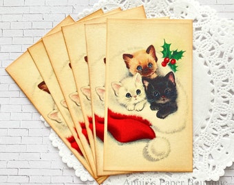 Three Christmas Kitties Vintage Inspired Tags - Retro - Favor, Parcel, Gift, Package, Treat - Ephemera, Art Junk Journal - Holiday Cats