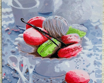 Lienzo con macarons pintados a mano: Arte culinario en tonos pastel para amantes de la cocina (40 x 50 cm)