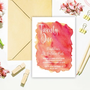 21st Birthday Party Invitation with Pink and Orange Watercolor Wash | INSTANT DOWNLOAD | Template Only | Printable, Editable Template