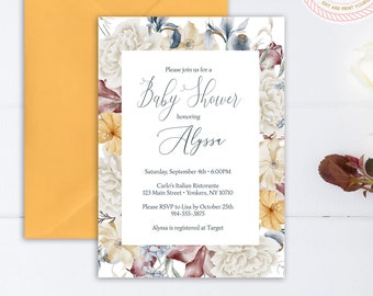 Printable Baby Shower Invitation | Floral Background and Frame | INSTANT DOWNLOAD | Template Only | Printable Editable Template