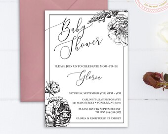 Printable Baby Shower Invitation | Black and White Modern Sketch Flowers  | INSTANT DOWNLOAD | Template Only | Printable Editable Template