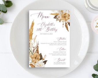 Carte de menu Boho avec fleurs jaunes | 5 x 7 | Douche, mariage, menu de fête | TÉLÉCHARGEMENT INSTANTANÉ | Modèle uniquement | Modèle modifiable imprimable