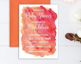 Printable Baby Shower Invitation | Pink Orange Watercolor Wash Background | INSTANT DOWNLOAD | Template Only | Printable Editable Template