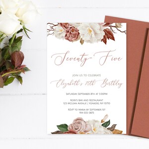 Milestone 75th Birthday Party Invitation with Neutral Floral Boho Design | INSTANT DOWNLOAD | Template Only | Printable, Editable Template