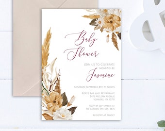 Printable Baby Shower Invitation | Boho Neutral Flowers and Botanicals | INSTANT DOWNLOAD | Template Only | Printable Editable Template