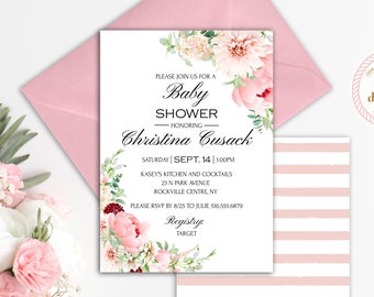 Printable Baby Shower Invitation | Pink Peony Flowers | INSTANT DOWNLOAD | Template Only | Printable Editable Template