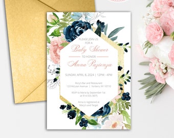 Printable Baby Shower Invitation | Pink and Blue Flowers with Gold Frame | INSTANT DOWNLOAD | Template Only | Printable, Editable Template