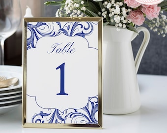 Table Numbers | Blue Abstract Swirl | INSTANT DOWNLOAD | Template Only | Printable, Editable Template | Wedding, Shower or Party