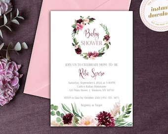 Printable Baby Shower Invitation | Burgundy and Pink Flower Wreath | INSTANT DOWNLOAD | Template Only | Printable Editable Template