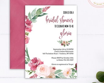 Printable Bridal Shower Invitation |Burgundy and Pink Floral Rose Wreath | INSTANT DOWNLOAD | Template Only | Printable, Editable Template