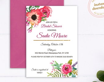 Printable Bridal Shower Invitation | Pink Posies | INSTANT DOWNLOAD | Template Only | Printable, Editable Template