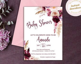 Printable Baby Shower Invitation | Boho Burgundy Pink & Cream Flowers | INSTANT DOWNLOAD | Template Only | Printable Editable Template